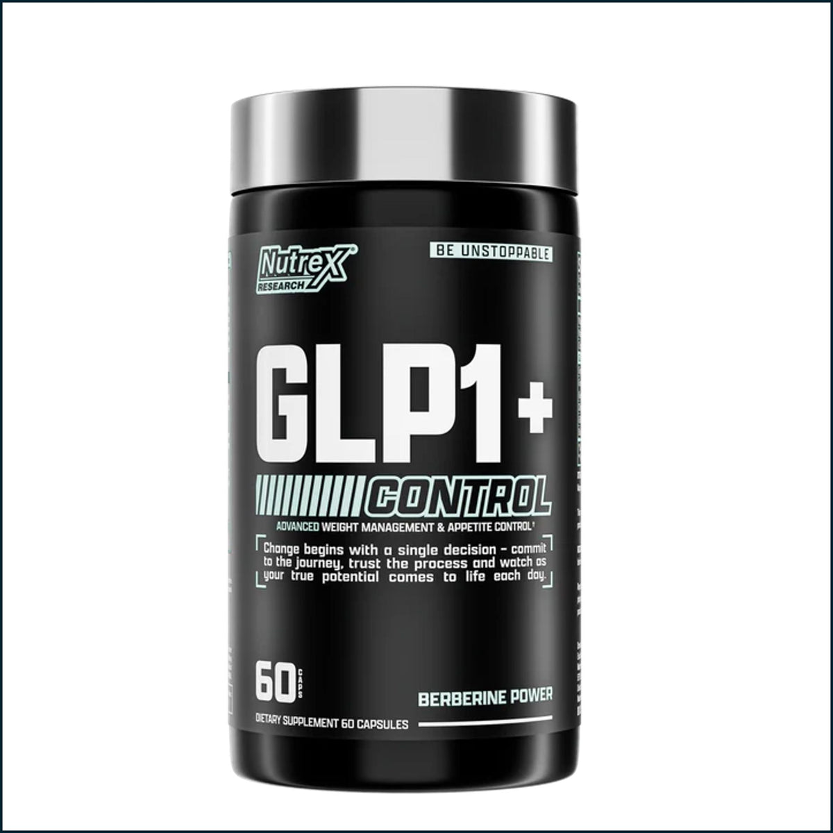 A black plastic bottle of Nutrex GLP1+ Control dietary supplement with a metallic silver cap, shown against a plain white background.