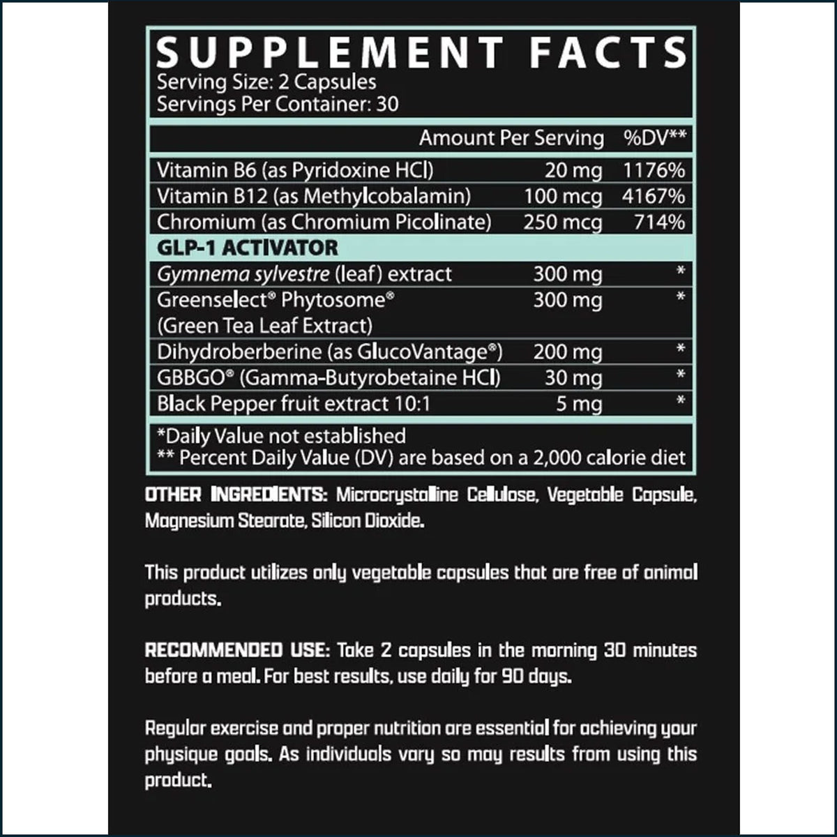 A black supplement facts label with white text detailing ingredients, serving size of 2 capsules, and recommended use, featuring brands like Greenselect, Phytosme, and GBBGO.