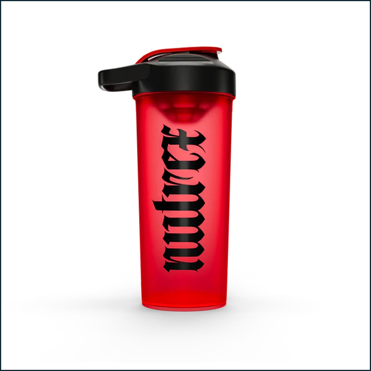 A translucent red shaker bottle with a black lid and a black gothic-style vertical logo on the front, shown on a clean white background.