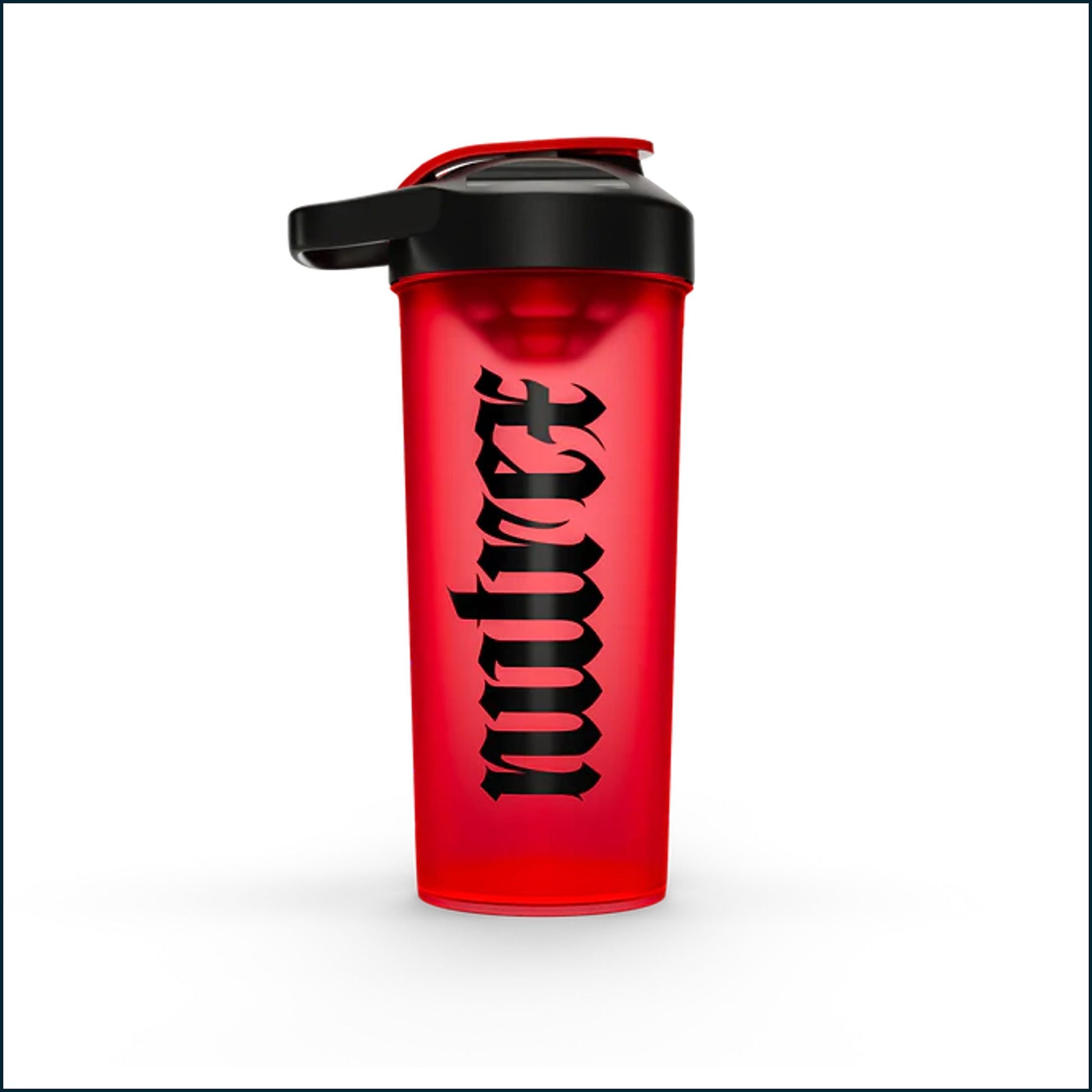 A translucent red shaker bottle with a black lid and a black gothic-style vertical logo on the front, shown on a clean white background.