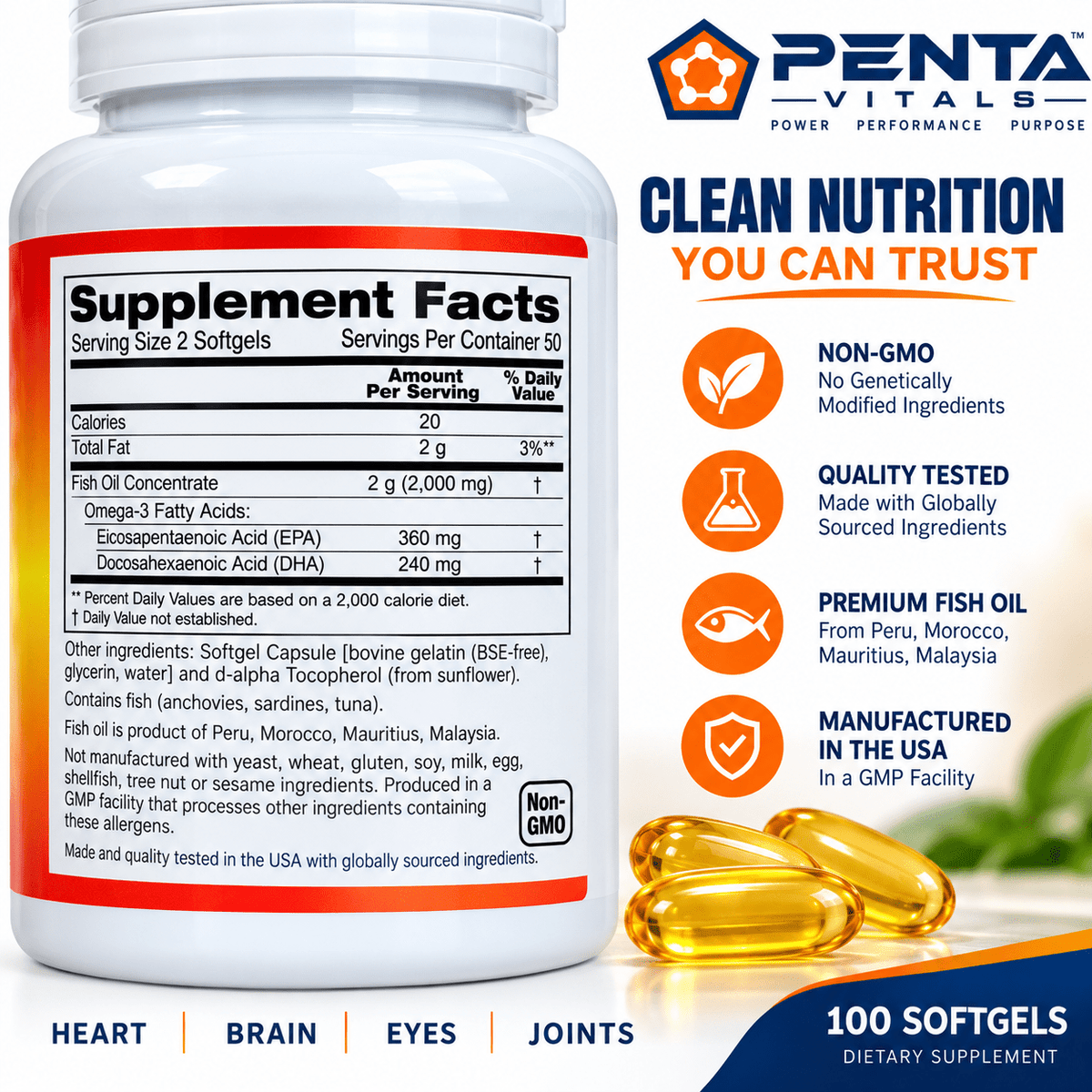 Penta Vitals Omega-3 Fish Oil 1000mg – EPA & DHA | 100 Softgels