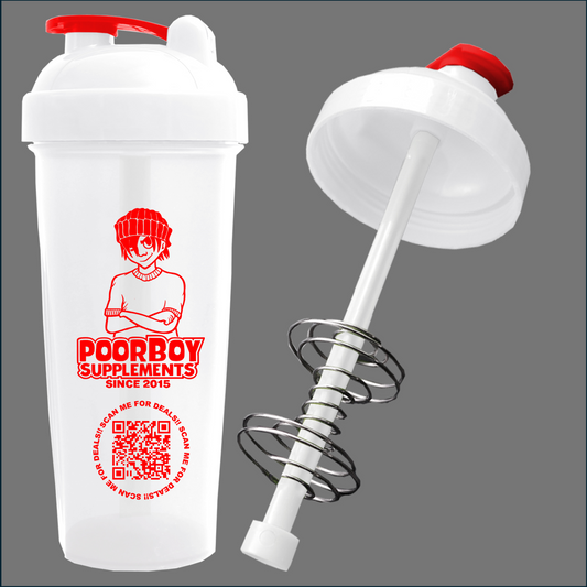 White shaker bottle with red lid and 'Poorboy Supplements' branding on a gray background