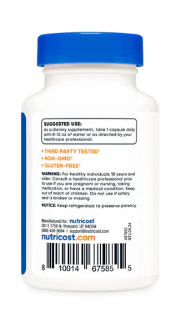 Nutritional supplement bottle with blue cap and white label on a white background