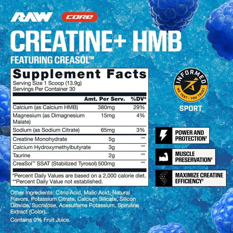 RAW Nutrition Creatine + HMB Powder | 5g Creatine Monohydrate + Recovery Support | 30 Servings
