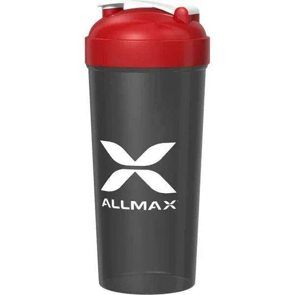 A black shaker bottle with a red lid and a white Allmax logo on the front, set against a plain white background.