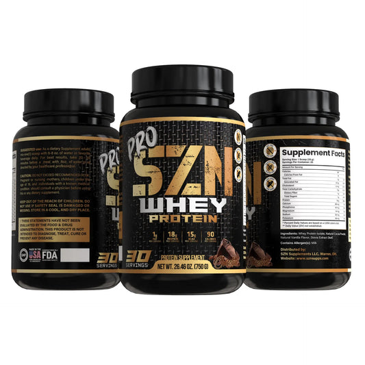 Three bottles of ProSupps Whey Protein on a white background
