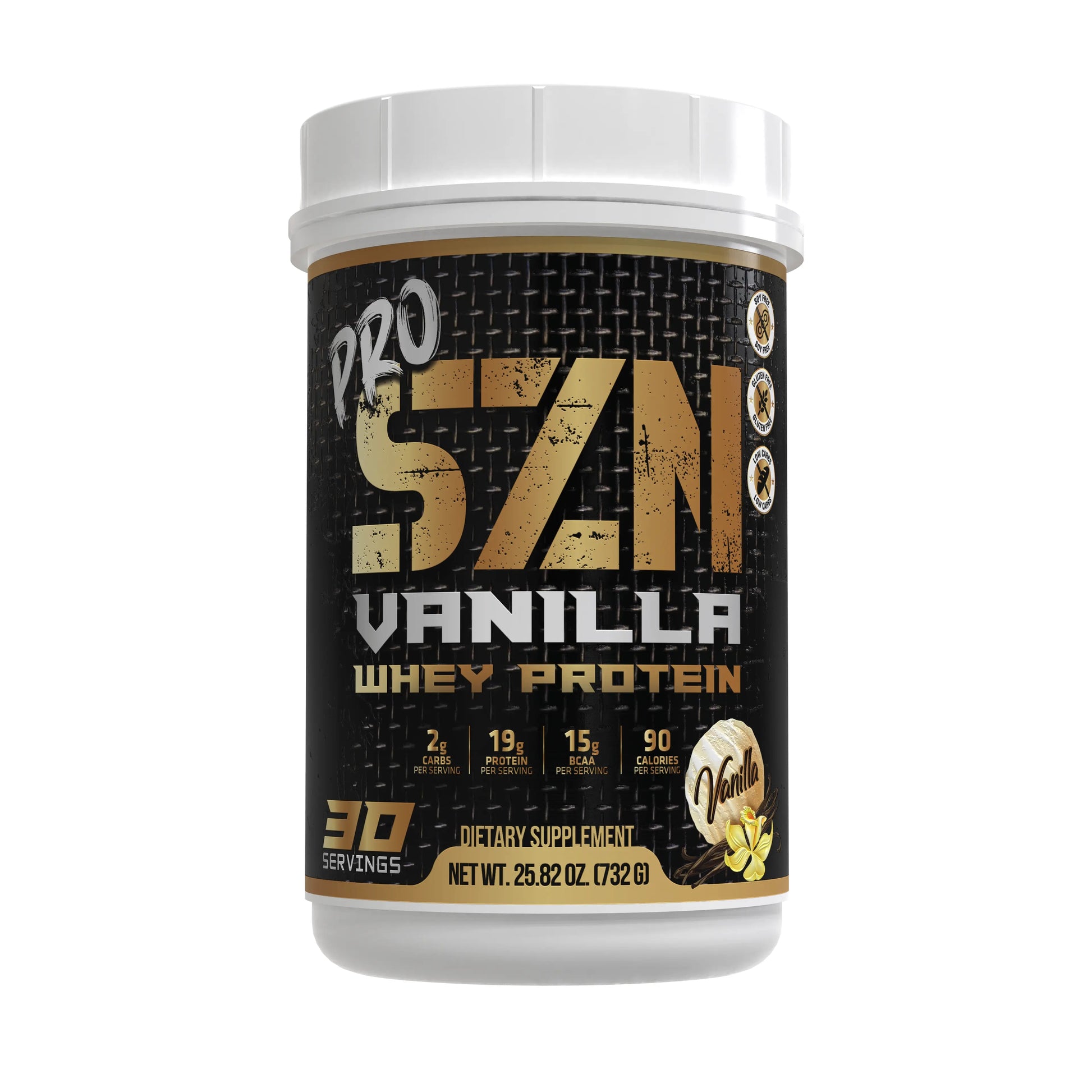 Pro SZN Vanilla whey protein container on a white background