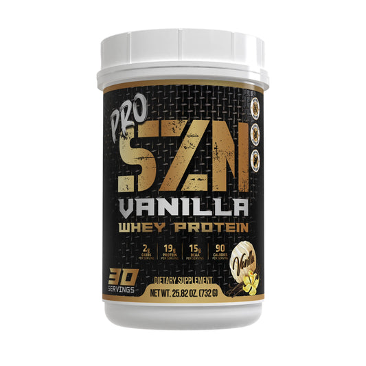 Pro SZN Vanilla whey protein container on a white background