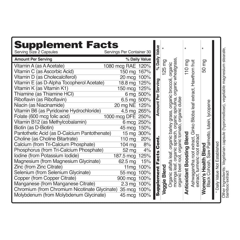Supplement facts label with detailed nutritional information on a white background